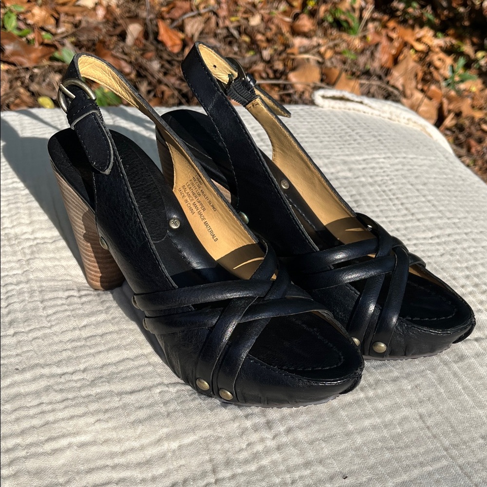 Frye- Reese Multi Sling Back Black Leather Platform Sandals